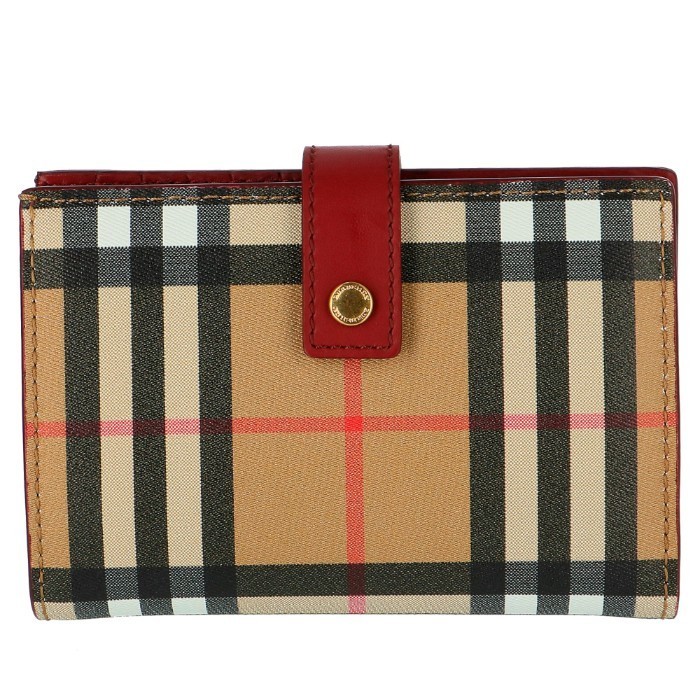 Burberry Vintage Flap Check Leather Crimson Red And Bifold Wallet